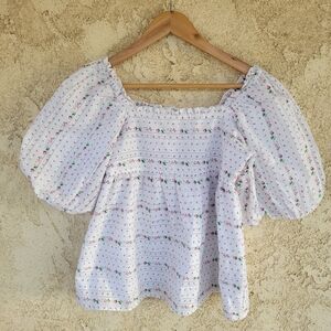 Janie & Jack Swiss Dot Floral Puff Sleeve Babydoll Top White Flowers Girls Sz 16